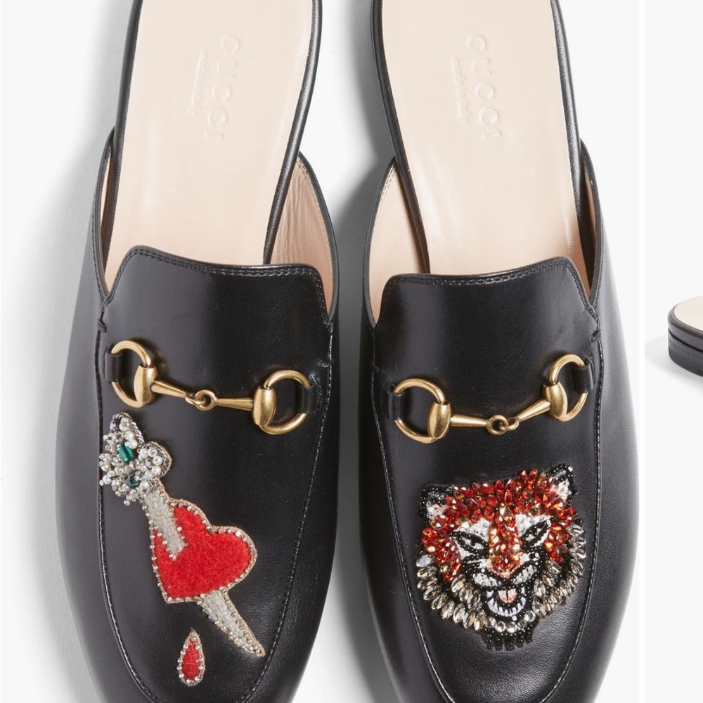 Gucci Black Princetown Mules with Embroidered Tiger and Heart - Picture 2 of 13
